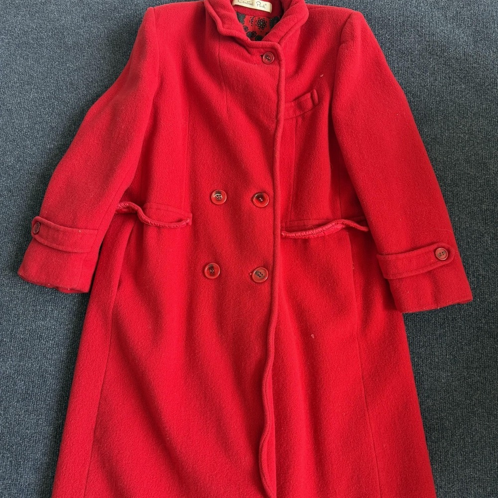 Central Park Coat Womens Medium Red Wool Button Front Lined Long Overcoat